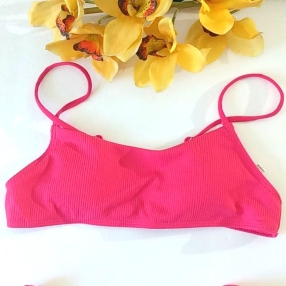 FUCHSIA PINK BANDEAU HI-CUT RIBBED BIKINI SIZE LARGE NWOT - Picture 2 of 7